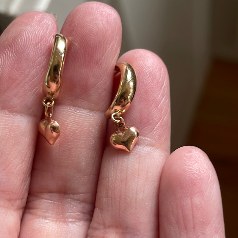 Rose Gold Heart Drop Hoop Earrings - 10k Gold - Vintage