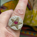 Star Ring - Ruby - Square Band - Engraved - Sterling Silver - Vintage