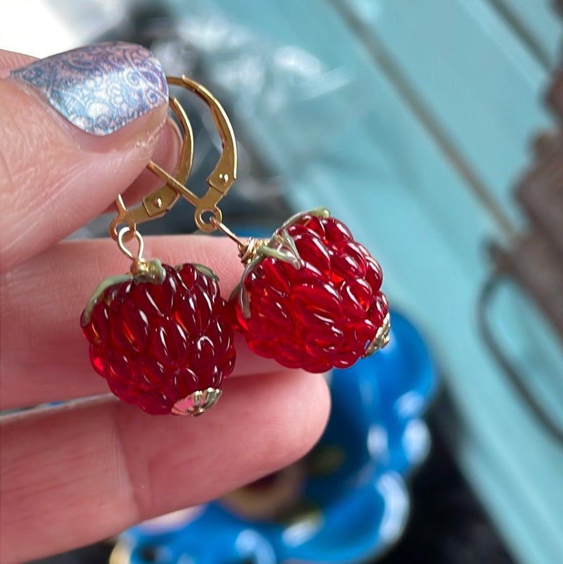 Ruby Glass Berry Earrings - Gold Filled - Handmade