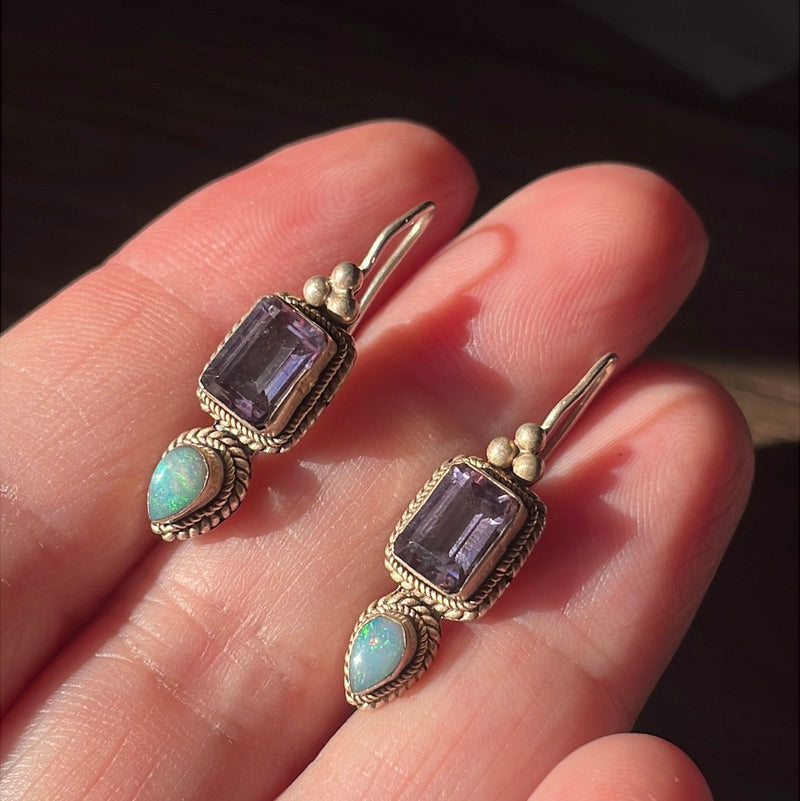 Amethyst Opal Drop Earrings - Sterling Silver - Vintage