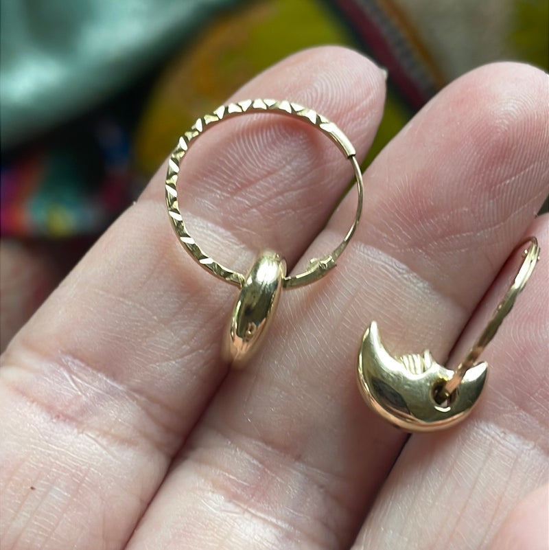 Moon Hoop Earrings - 9k Textured Hoops + 14k Moon Drops - Vintage