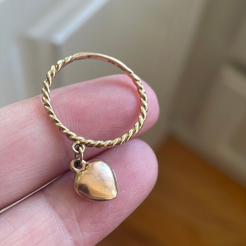 Heart Dangle Drop Ring - Twisted Band - 10k Gold - Vintage