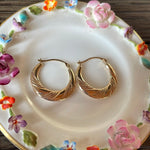 Flattened Patterned Hoop Earrings - 10k Gold - Vintage