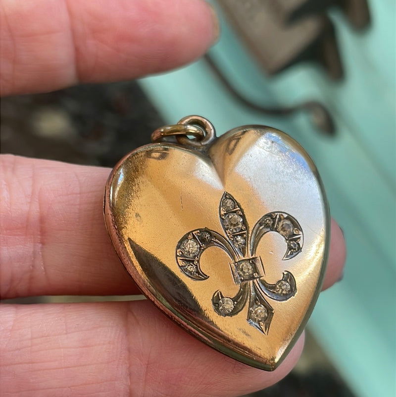 Heart Locket - Fleur de Lis - Gold Filled - Antique - As Found