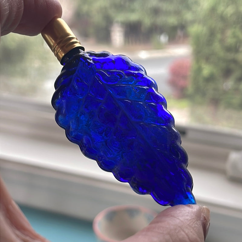 Cobalt Glass Leaf Bottle - Vintage