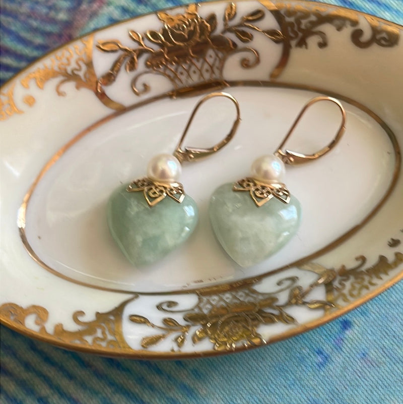 Jade Heart Earrings - Pearl - 14k Gold - Vintage