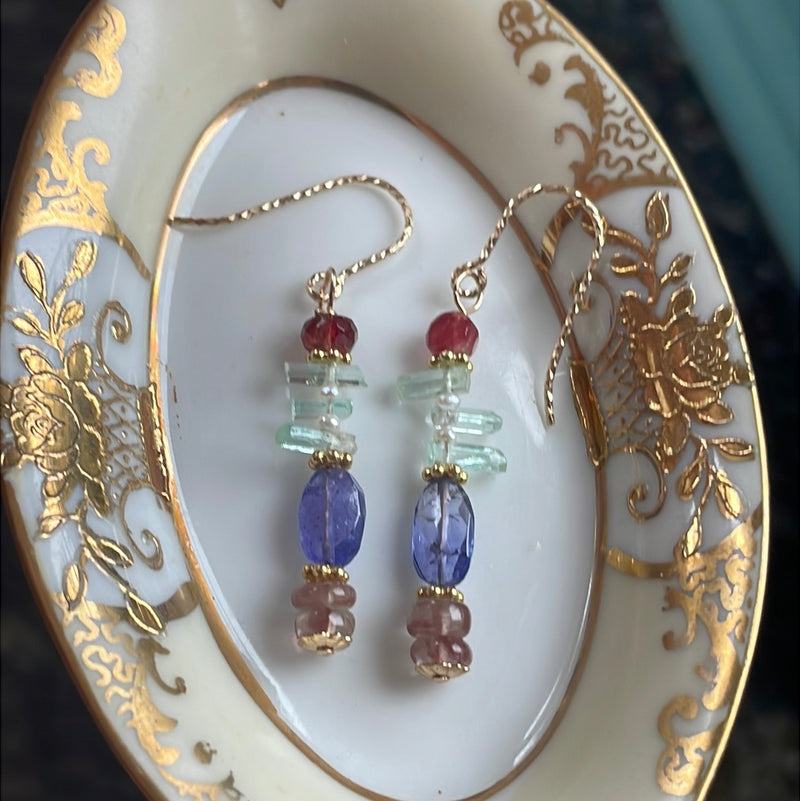 Emerald, Tanzanite, Andesine Labradorite and Seed Pearl Earrings - Gold Filled - Handmade