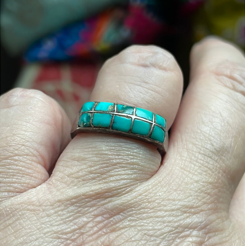 Turquoise Inlay Ring - Sterling Silver - Vintage