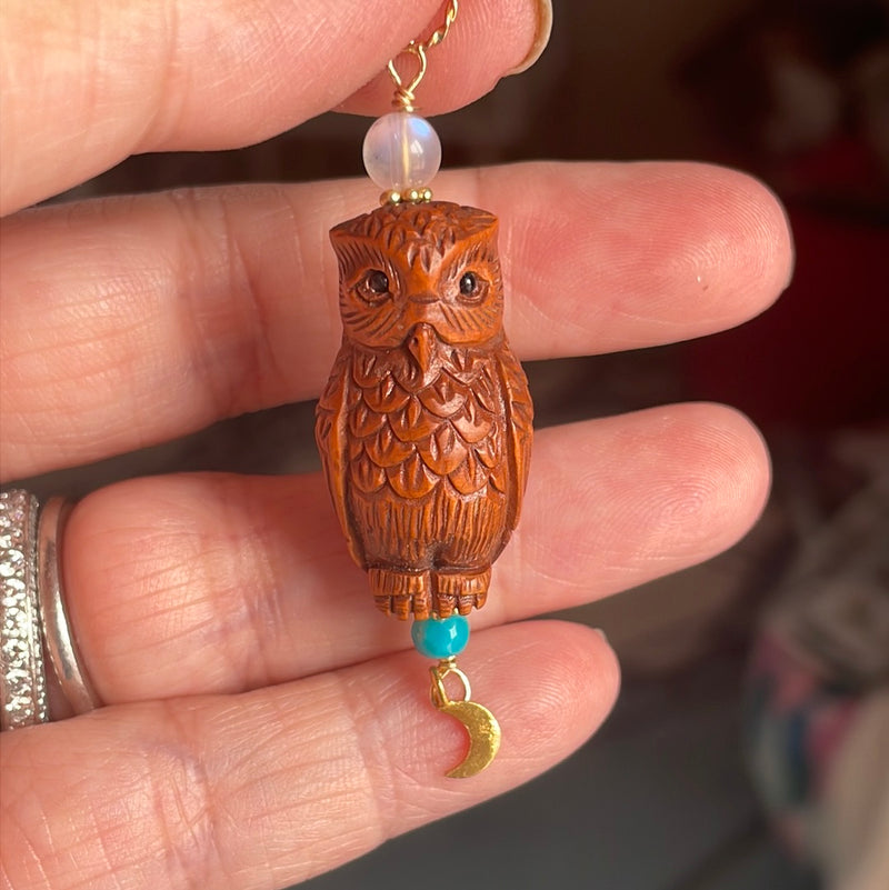 Carved Owl Pendant - Netsuke - Moon Drop, Turquoise and Moonstone - Gold filled findings