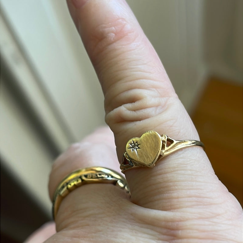 Heart Diamond Signet Ring - 10k Gold - Vintage