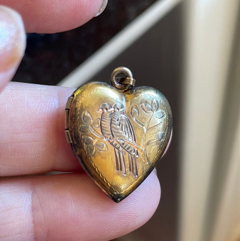 Bird Heart Locket - Love Birds - Gold over Sterling - Vintage