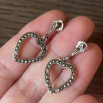 Marcasite Heart Earrings - Sterling Silver - Vintage