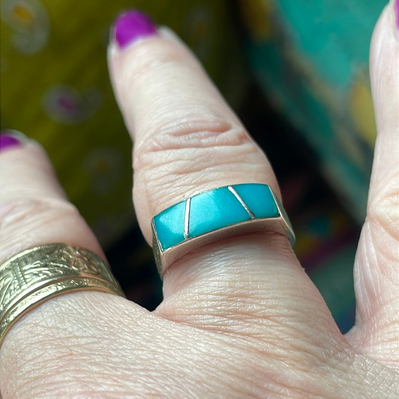 Turquoise Inlay Ring - Sterling Silver - Vintage