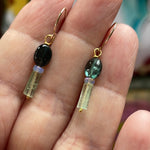 Indicolite Tourmaline and Opal Earrings - 14k Gold - Handmade