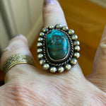 Turquoise Ring - Beaded Edge - Sterling Silver - Native American - Vintage