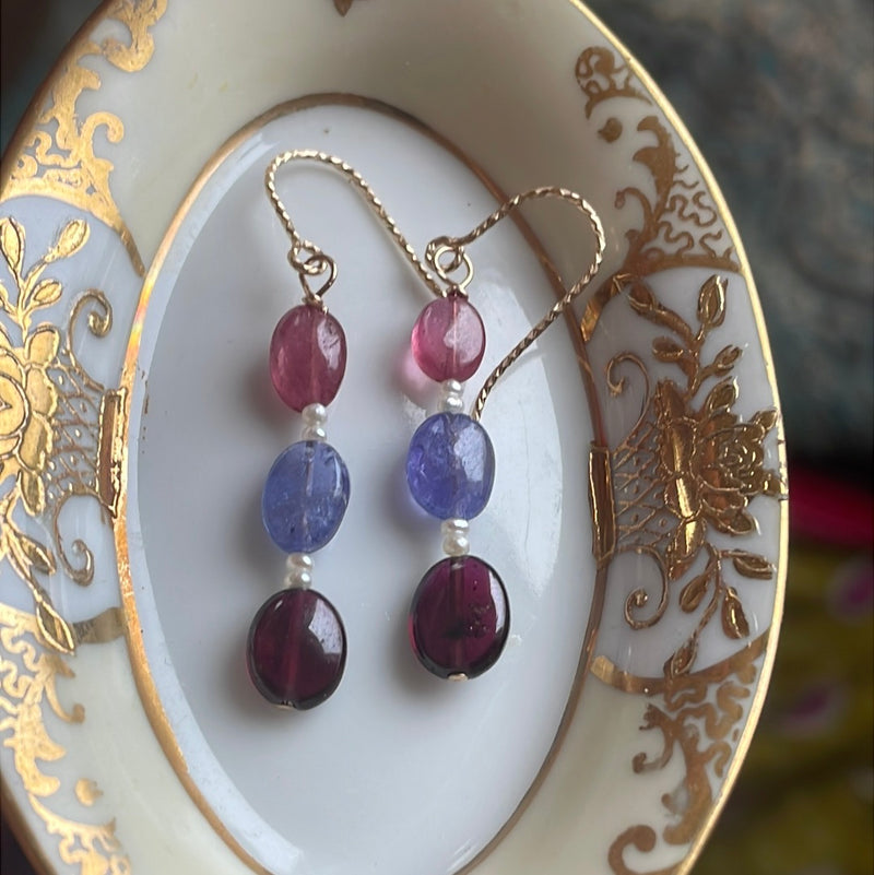 Sapphire, Garnet and Tanzanite Drop Earrings - Seed Pearl - Gold Filled - Handmade