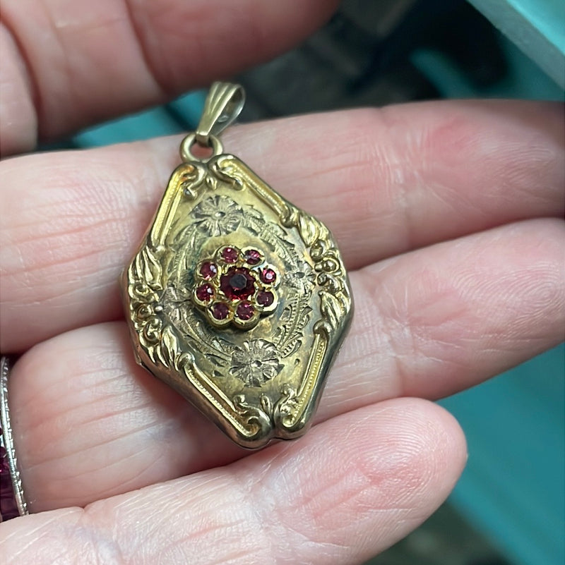 Red Paste Nouveau Locket - Gold Filled - Antique