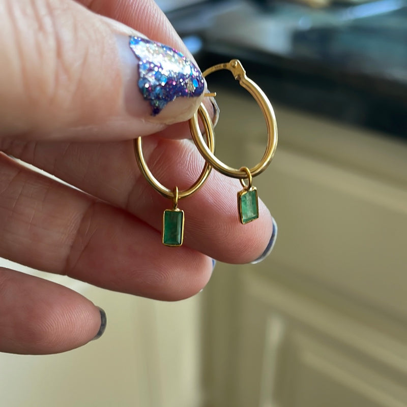 Emerald Oval Hoop Drop Earrings - 14k Gold Hoops and 18k Gold Drops - Vintage