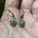 Emerald Diamond Flower Drop Earrings - 10k Gold - Vintage