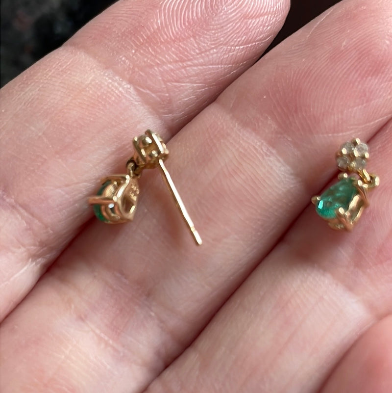 Emerald Teardrop Earrings - Diamond - 14k Gold - Vintage