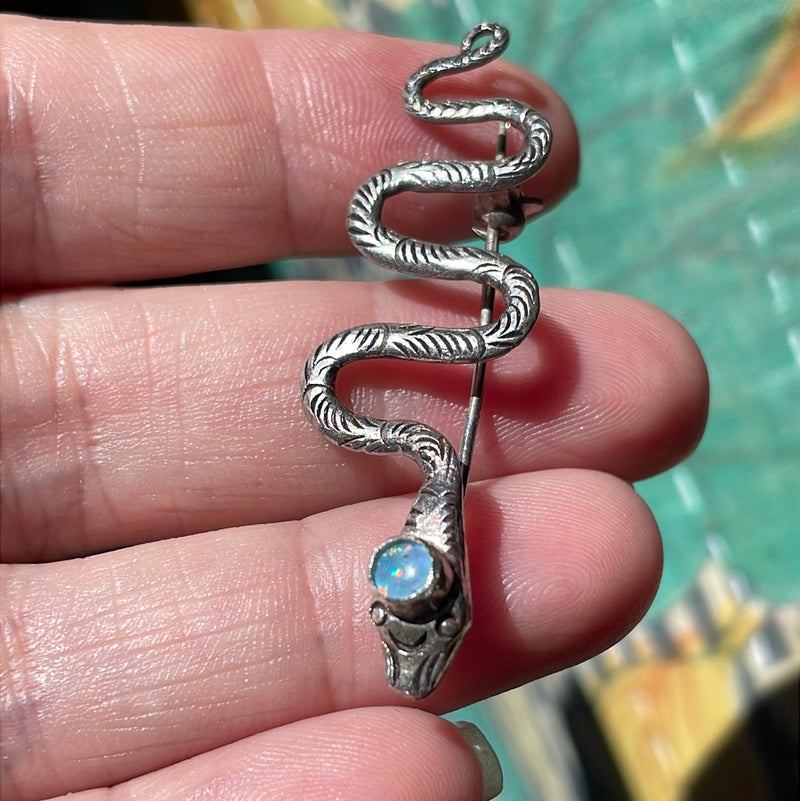 Opal Snake Brooch - Sterling Silver - Vintage