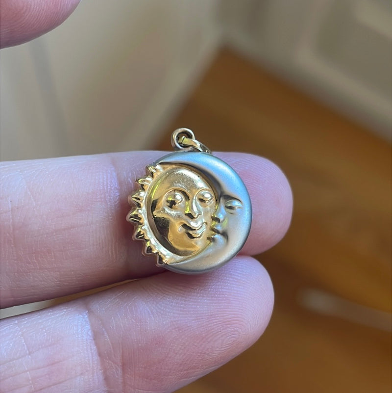 Puffy Moon Sun Pendant - 14k White and Yellow Gold - Vintage