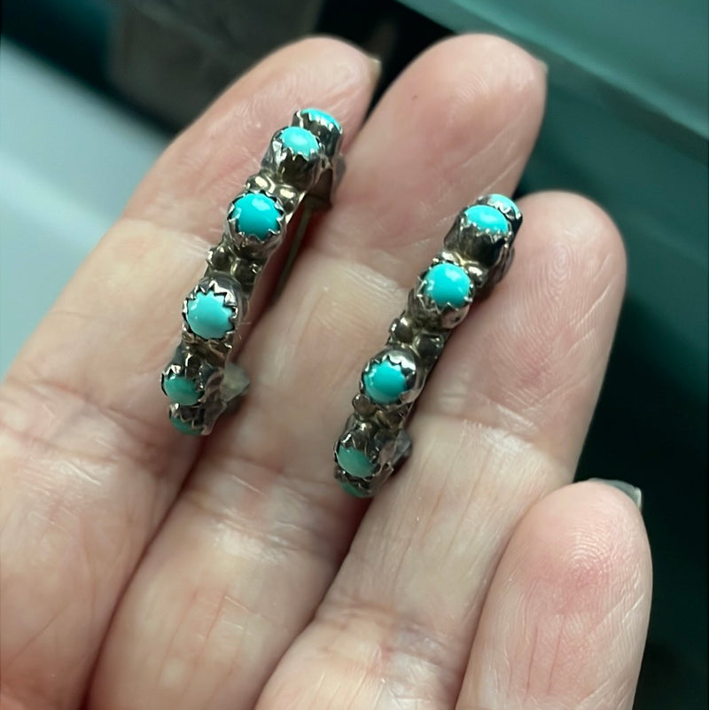 Turquoise Hoop Earrings - Native American - Sterling Silver - Vintage