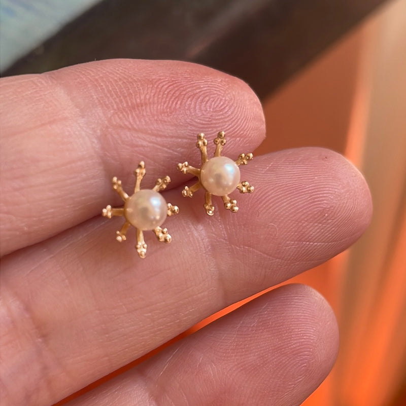 Pearl Sun Earrings - 14k Gold - Vintage