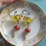 Bird Mushroom Earrings - Sterling Silver - Handmade