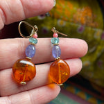 Outlander Earrings -Amber, Tanzanite, Apatite and Coral - Gold Filled - Handmade