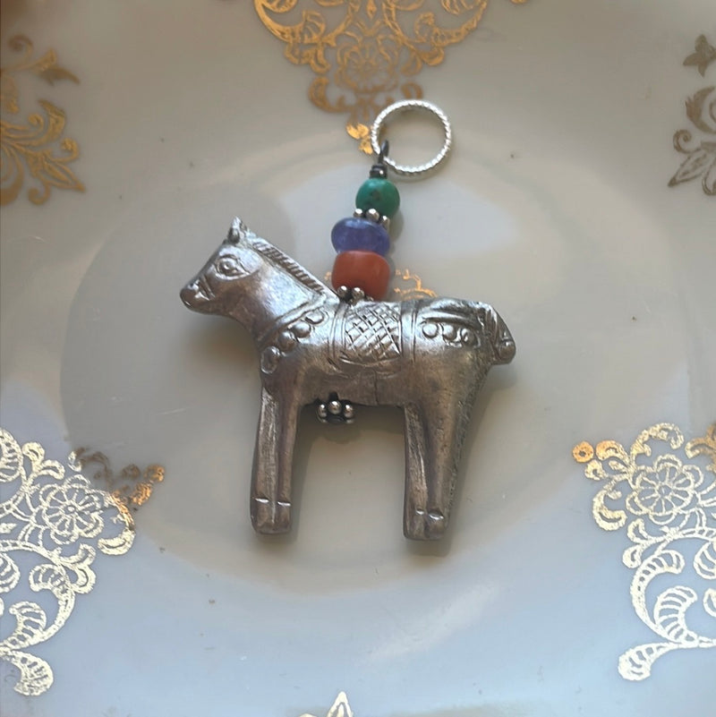 Horse Pendant - Coral, Tanzanite and Turquoise - Sterling Silver - Vintage