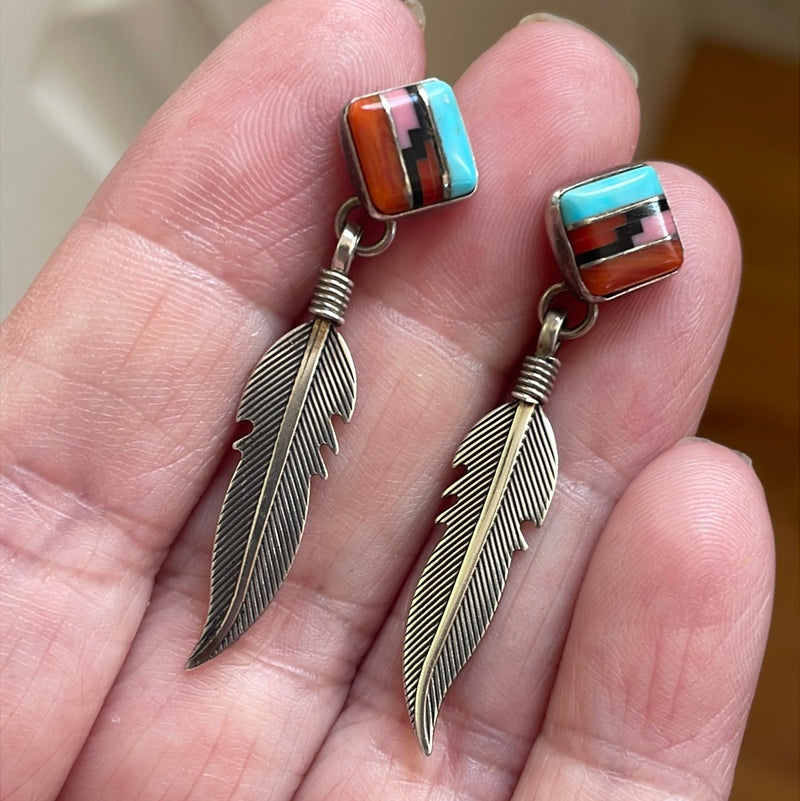 Inlay Feather Earrings - Sterling Silver - Vintage