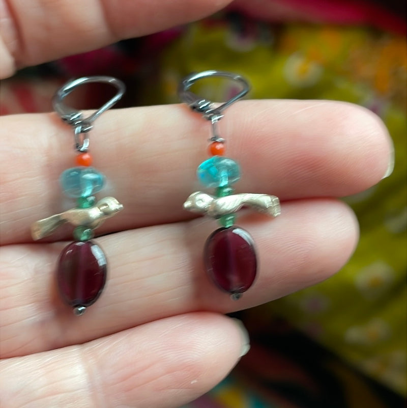 Bird Earrings - Garnet, Emerald, Apatite and Coral - Sterling Silver - Handmade