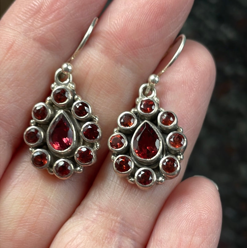 Garnet Cluster Earrings - Sterling Silver - Vintage