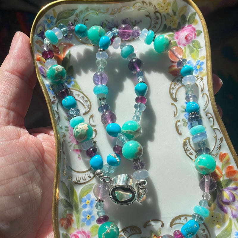 Ocean Confetti One of a Kind Necklace - Turquoise, Chalcedony, Fluorite and Amazonite - Sterling Heart Clasp - Handmade