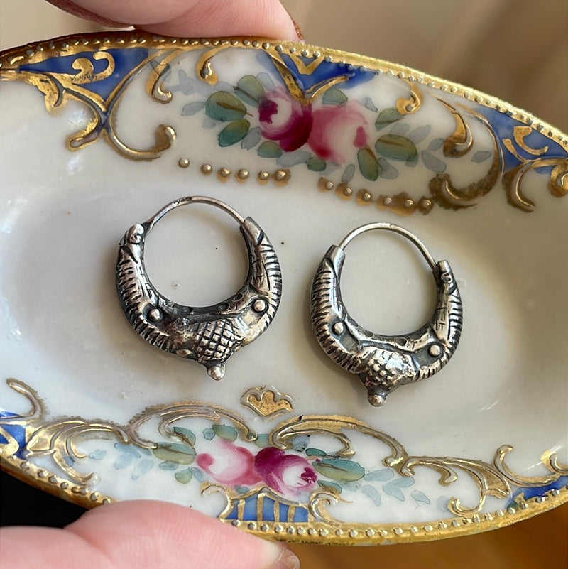 Engraved Hoop Earrings - Sterling Silver - Vintage