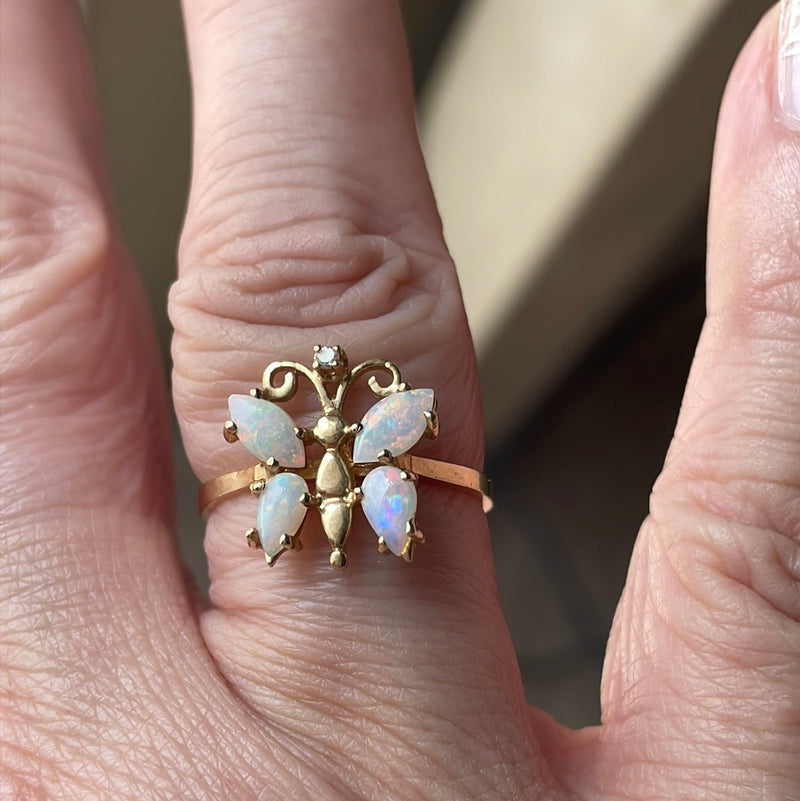 Opal Butterfly Ring - Diamond - 14k Gold - Vintage