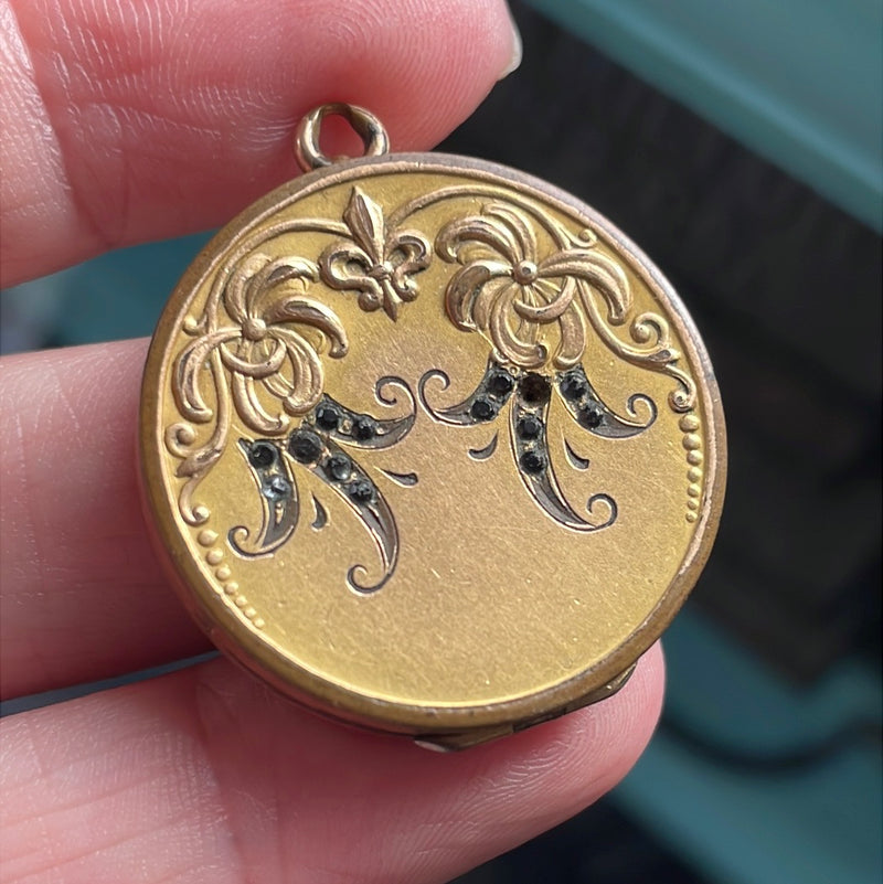 Fleur de Lis Flourish Locket - Gold Filled - Antique