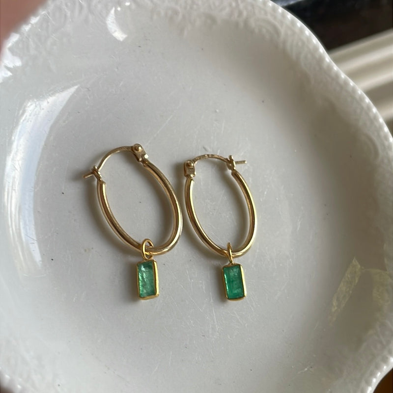 Emerald Oval Hoop Drop Earrings - 14k Gold Hoops and 18k Gold Drops - Vintage