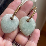 Carved Jade Earrings - 14k Textured Hoops - Vintage