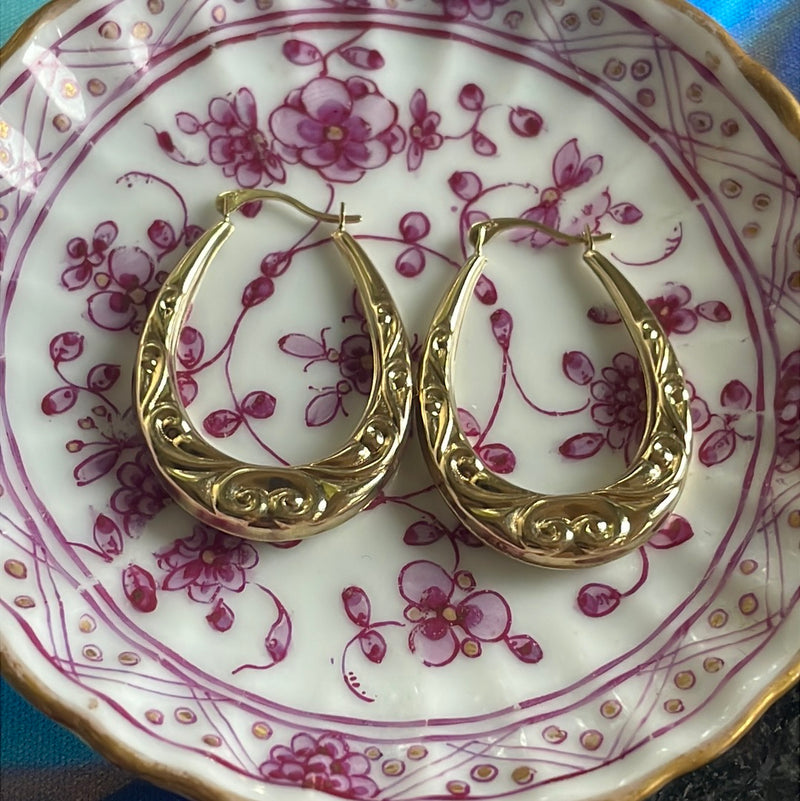 Large Oval Flourish Hoop Earrings - 9k Gold - Vintage