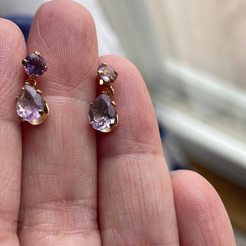 Amethyst Drop Earrings - Rose de France - 14k Gold - Vintage