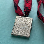 Flower Book Locket - Silk Patterned Fabric Chain - Sterling Silver - Vintage