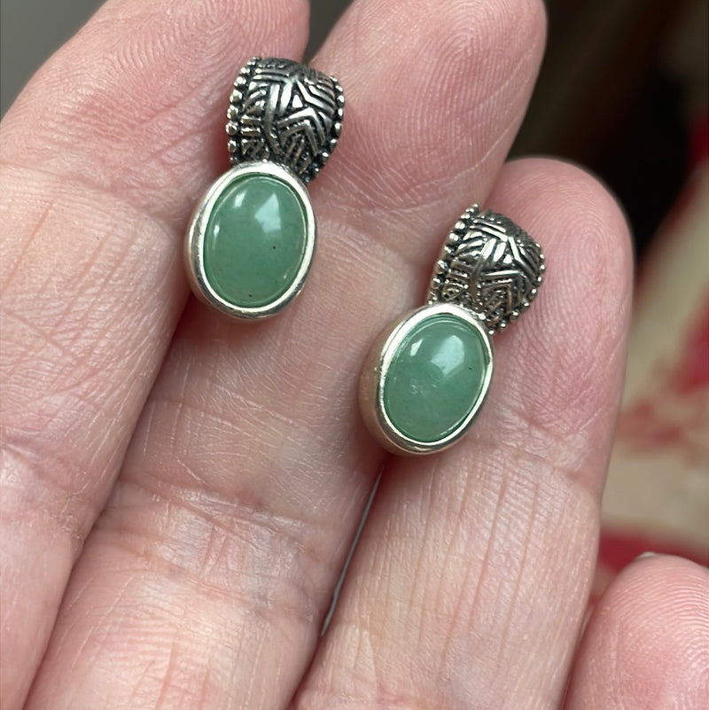 Jade Earrings - Engraved -Sterling Silver - Vintage