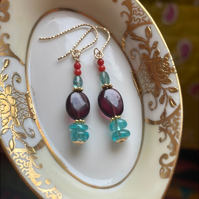 Garnet, Apatite, Indicolite and Coral Earrings - Gold Filled - Handmade