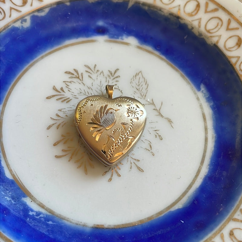 Bird Heart Locket - 14k Gold - Vintage