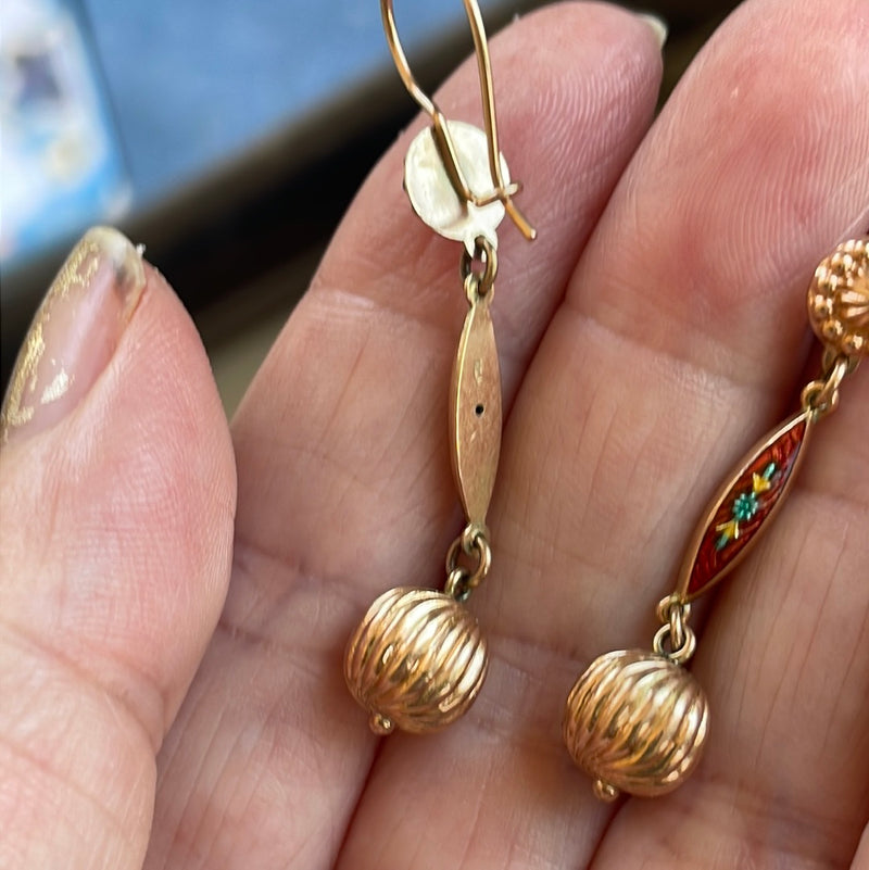 Enamel Flower Orb Earrings - 14k Gold - Vintage
