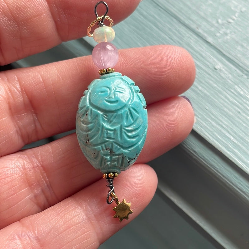 Carved Turquoise Buddha Pendant - Lavender Jade and Opal - Star Drop - Gold Filled - Handmade