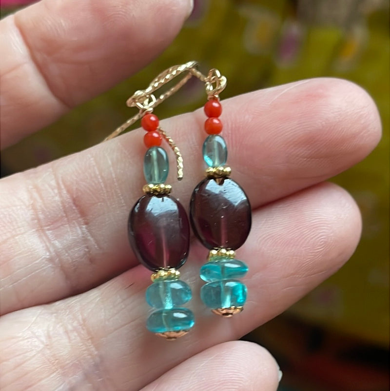 Garnet, Apatite, Indicolite and Coral Earrings - Gold Filled - Handmade