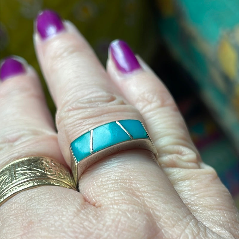 Turquoise Inlay Ring - Sterling Silver - Vintage